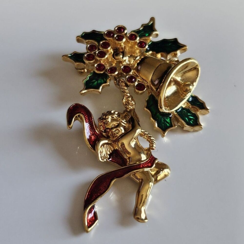 Avon Smithsonian Christmas Angel Bell Rhinestone Enamel Dangle Pin Brooch